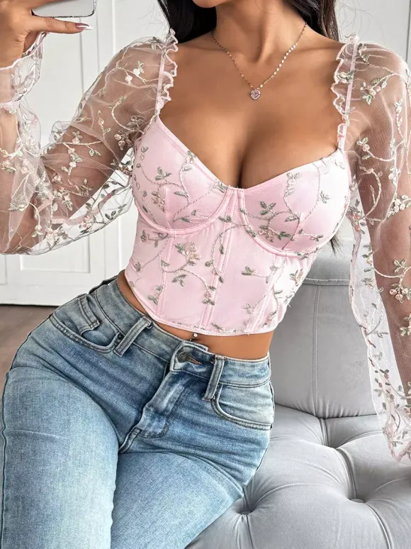 Corsets noirs chics à manches illusion manches longues bretelles col ajusté hauts transparents à lacets