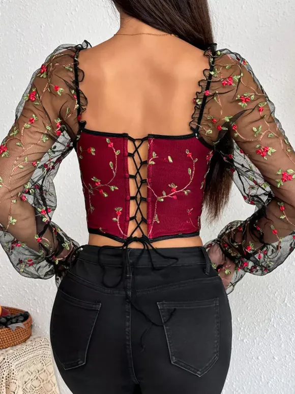 Corsets noirs chics à manches illusion manches longues bretelles col ajusté hauts transparents à lacets
