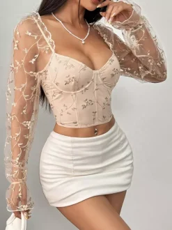 Corsets noirs chics à manches illusion manches longues bretelles col ajusté hauts transparents à lacets