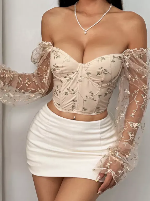 Corsets noirs chics à manches illusion manches longues bretelles col ajusté hauts transparents à lacets