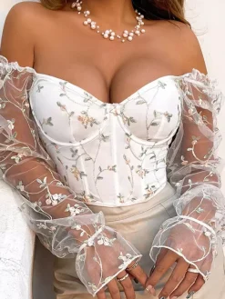 Corsets noirs chics à manches illusion manches longues bretelles col ajusté hauts transparents à lacets
