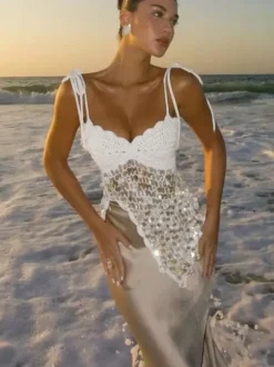 Corsets blancs athlétiques sans manches à bretelles gainantes et sequins en résille