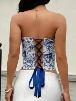 Corsets bleus sexy sans bretelles coupe ajustée à lacets