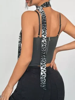 Corsets imprimé léopard noir chic sans manches à bretelles et fermeture éclair au col