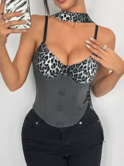Corsets imprimé léopard noir chic sans manches à bretelles et fermeture éclair au col