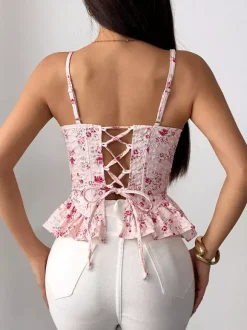 Corsets noirs corsets chics à bretelles décolleté ajusté hauts péplum à lacets