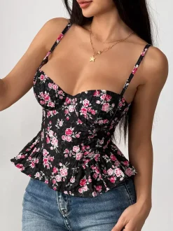 Corsets noirs corsets chics à bretelles décolleté ajusté hauts péplum à lacets