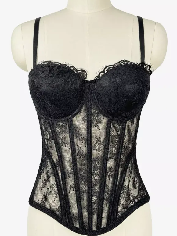 Corsets noirs sexy sans manches et bustiers en dentelle coupe ajustée