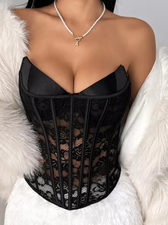 Corsets noirs sexy sans manches et bustiers en dentelle coupe ajustée