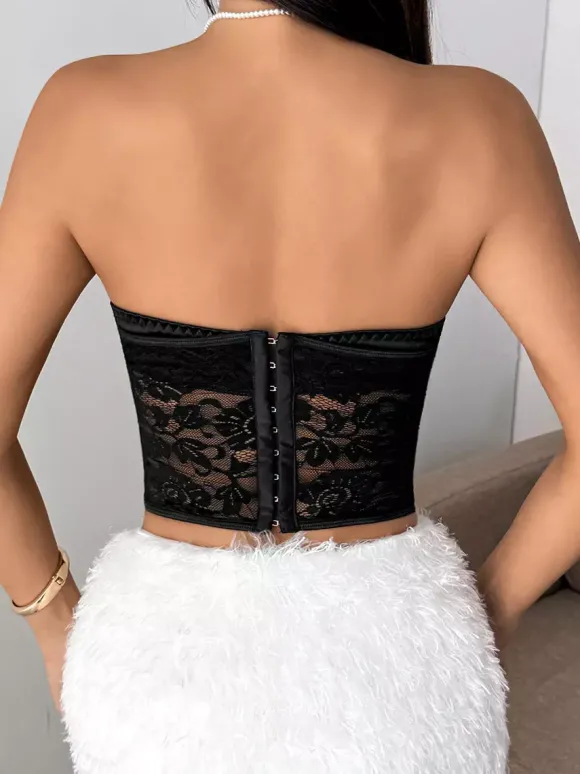 Corsets noirs sexy sans manches et bustiers en dentelle coupe ajustée