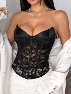 Corsets noirs sexy sans manches et bustiers en dentelle coupe ajustée