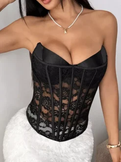 Corsets noirs sexy sans manches et bustiers en dentelle coupe ajustée