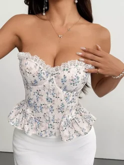 Corsets roses chics sans manches et sans bretelles coupe ajustée en dentelle à lacets