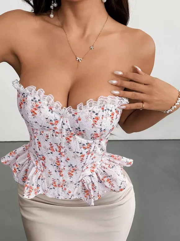Corsets roses chics sans manches et sans bretelles coupe ajustée en dentelle à lacets