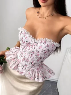 Corsets roses chics sans manches et sans bretelles coupe ajustée en dentelle à lacets
