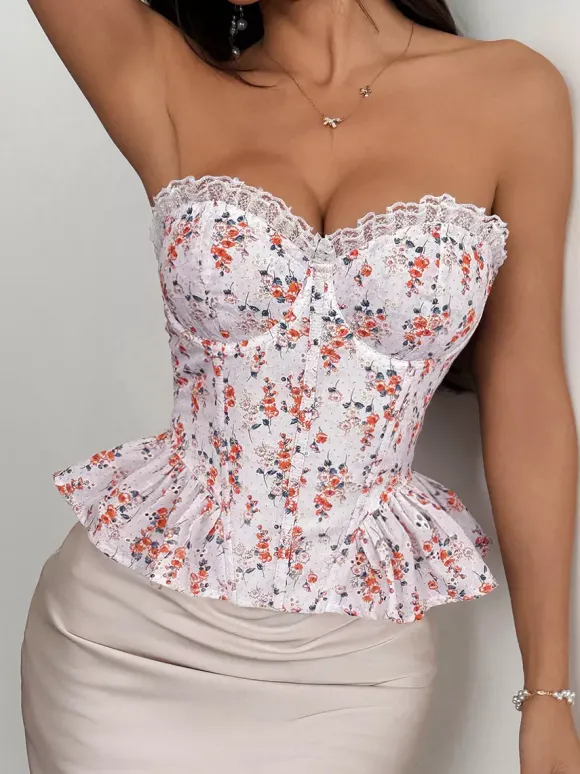 Corsets roses chics sans manches et sans bretelles coupe ajustée en dentelle à lacets