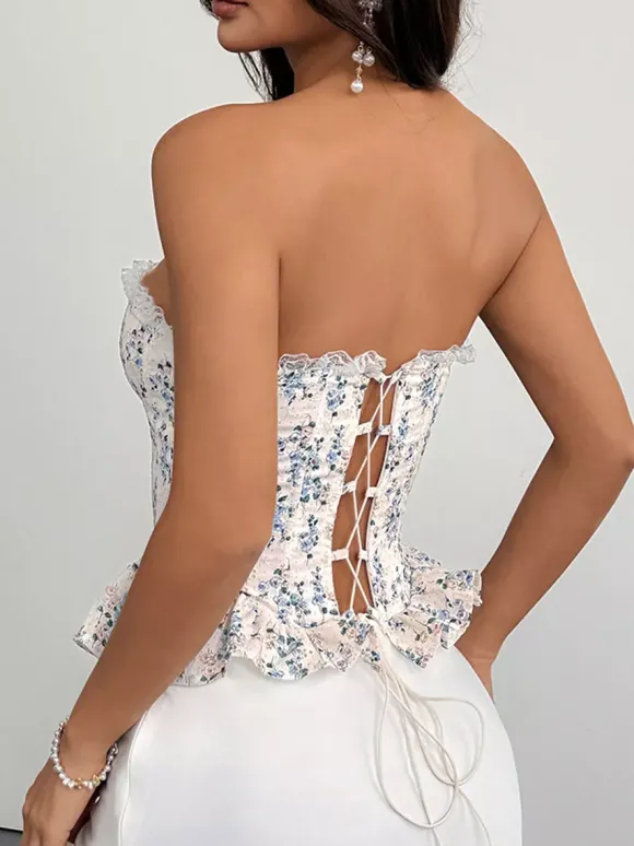 Corsets roses chics sans manches et sans bretelles coupe ajustée en dentelle à lacets