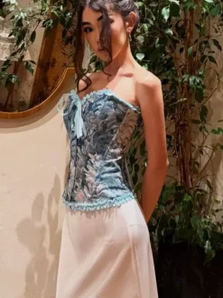 Corsets tops bleus laçage volants imprimé floral streetwear lingerie élégante