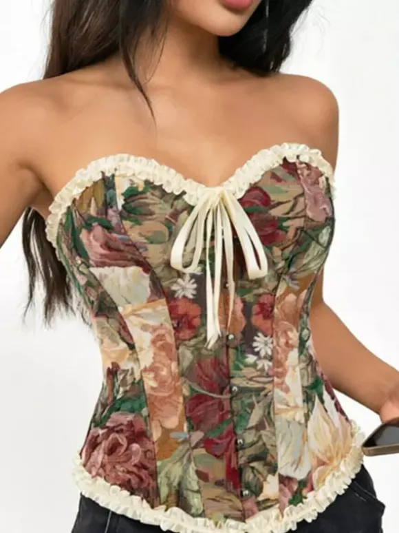 Corsets tops bleus laçage volants imprimé floral streetwear lingerie élégante