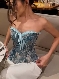 Corsets tops bleus laçage volants imprimé floral streetwear lingerie élégante