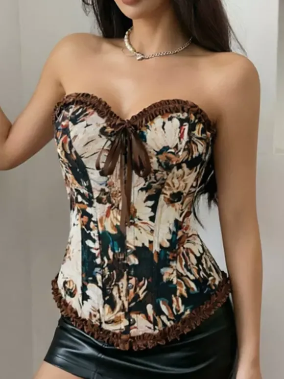 Corsets tops bleus laçage volants imprimé floral streetwear lingerie élégante