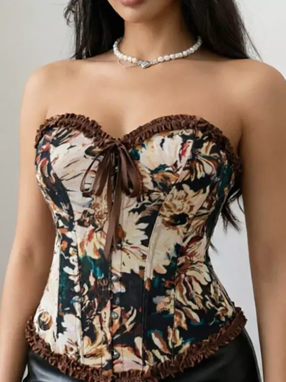 Corsets tops bleus laçage volants imprimé floral streetwear lingerie élégante