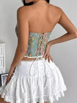 Corsets tops bleus à lacets géométriques lingerie élégante pour rendez-vous amoureux