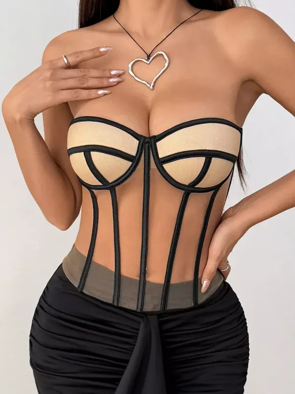 Corsets tops nude sexy sans manches coupe ajustée à lacets