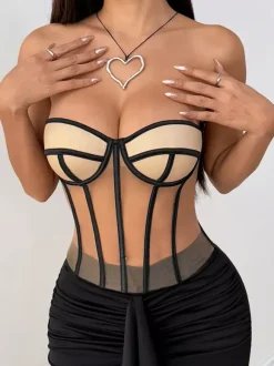 Corsets tops nude sexy sans manches coupe ajustée à lacets
