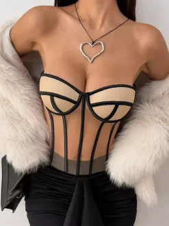 Corsets tops nude sexy sans manches coupe ajustée à lacets