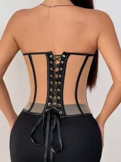 Corsets tops nude sexy sans manches coupe ajustée à lacets