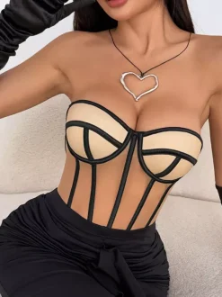 Corsets tops nude sexy sans manches coupe ajustée à lacets