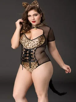 Costume de Catwoman grande taille imprimé léopard en maille transparente tenue fabuleuse pour rave club et Halloween
