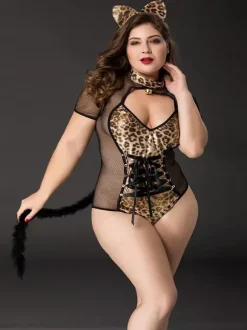 Costume de Catwoman grande taille imprimé léopard en maille transparente tenue fabuleuse pour rave club et Halloween