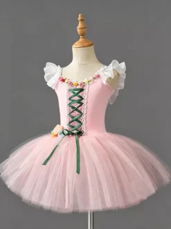 Costume de danse classique robe de ballerine rose en dentelle à bandage pour fille en polyester tenue de spectacle