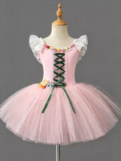 Costume de danse classique robe de ballerine rose en dentelle à bandage pour fille en polyester tenue de spectacle