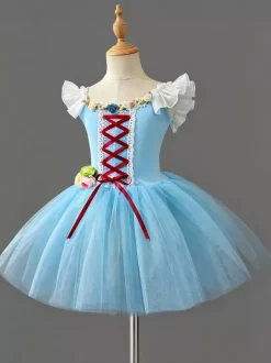 Costume de danse classique robe de ballerine rose en dentelle à bandage pour fille en polyester tenue de spectacle