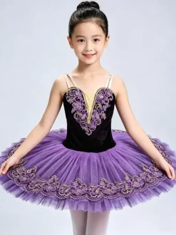 Costume de danse classique violet pour fille robe de ballerine brodée en polyester.