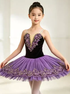 Costume de danse classique violet pour fille robe de ballerine brodée en polyester.