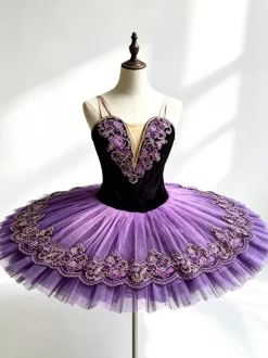 Costume de danse classique violet pour fille robe de ballerine brodée en polyester.