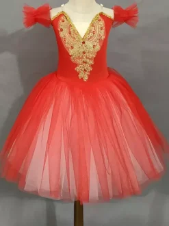 Costume de danse classique pour fille robe de ballerine à manches courtes ornée de perles en polyester lavande tenue de spectacle