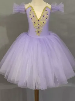 Costume de danse classique pour fille robe de ballerine à manches courtes ornée de perles en polyester lavande tenue de spectacle