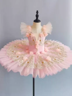 Costume de danse classique robe de ballerine rose pour fille avec application de dentelle florale en polyester.
