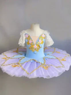 Costume de danse classique robe de ballerine rose pour fille avec application de dentelle florale en polyester.