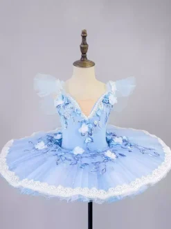 Costume de danse classique bleu ciel clair pour fille robe de ballerine brodée en polyester.