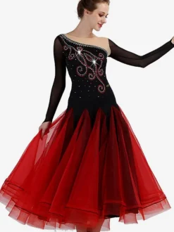 Costume De Danse De Salle De Bain Femmes De Bordeaux À Manches Longues Organza Perles Entraînement De Danse Robes Déguisements Halloween