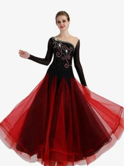 Costume De Danse De Salle De Bain Femmes De Bordeaux À Manches Longues Organza Perles Entraînement De Danse Robes Déguisements Halloween