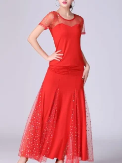 Costume de danse de salon Red Top et jupe Set Femmes Vêtements de danse perlés à manches courtes Déguisements Halloween