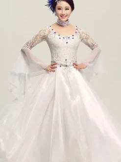 Costume de danse de salon danse de salon robe Tulle blanc Illusion Bell Long manchon Déguisements Halloween