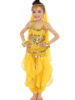 Costume de danse du ventre enfants mousseline jaune Bollywood Costumes de danse indienne Déguisements HalloweenRobe de Princesse Fille Déguisement